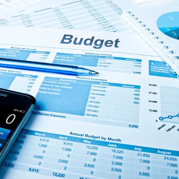 Business budget papers and calculator